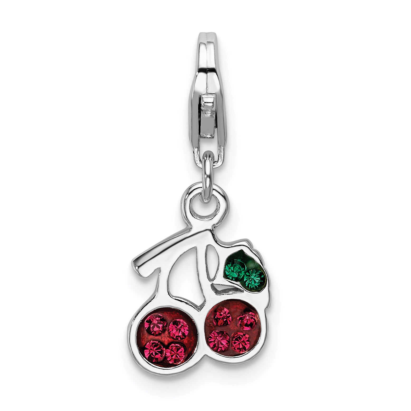 Sterling Silver RH Swarovski Crystals Cherries w/Lobster Clasp Charm