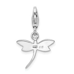 Amore La Vita Sterling Silver Rhodium-plated Polished Lilac Enameled CZ Dragonfly Charm with Fancy Lobster Clasp