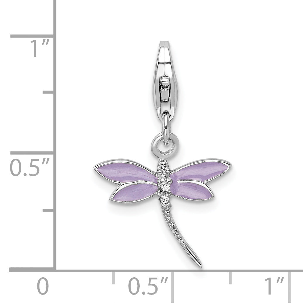 Amore La Vita Sterling Silver Rhodium-plated Polished Lilac Enameled CZ Dragonfly Charm with Fancy Lobster Clasp