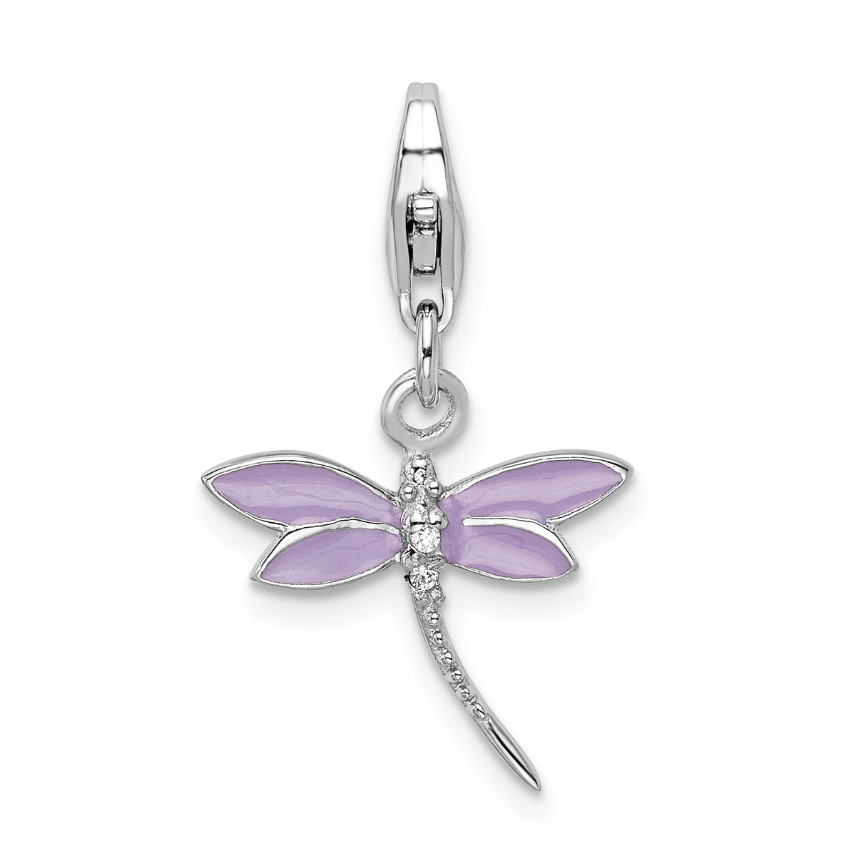 Amore La Vita Sterling Silver Rhodium-plated Polished Lilac Enameled CZ Dragonfly Charm with Fancy Lobster Clasp