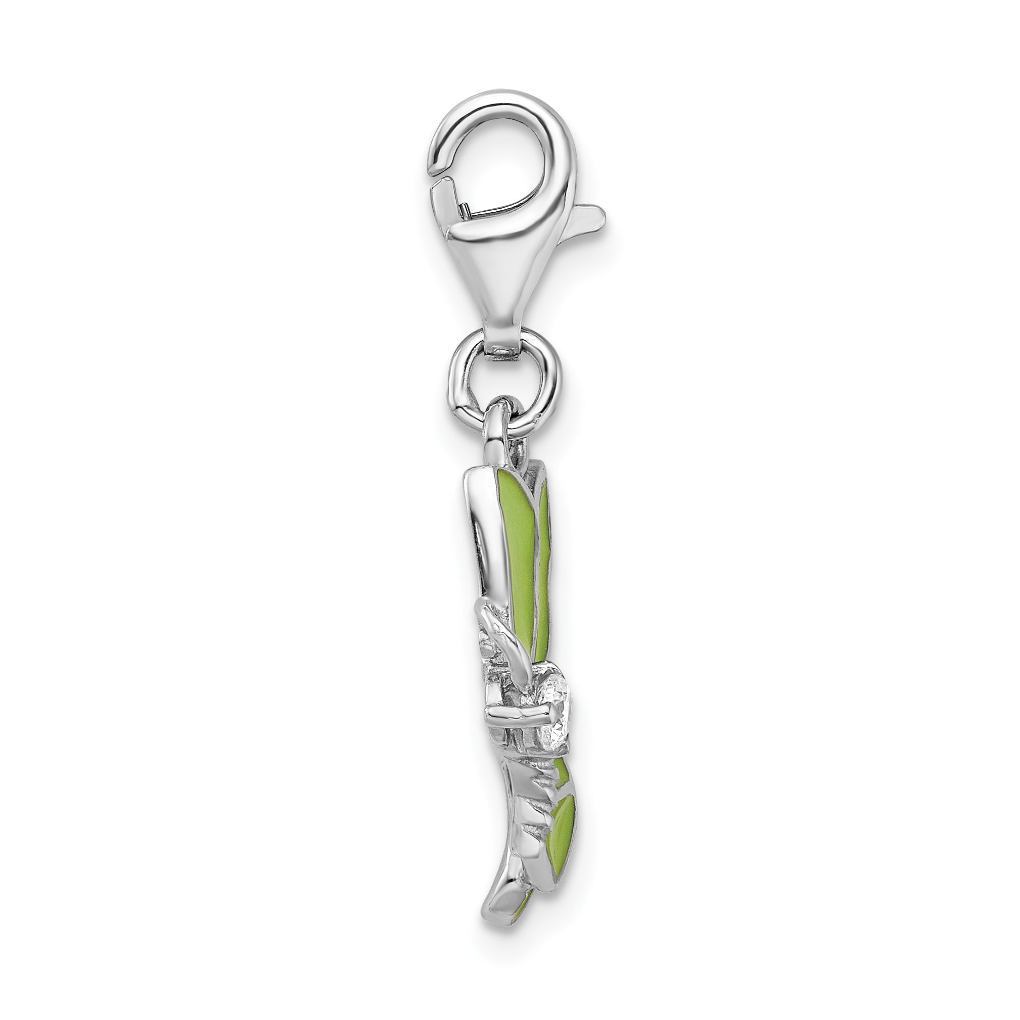 Amore La Vita Sterling Silver Rhodium-plated Polished CZ Green Enameled Butterfly Charm with Fancy Lobster Clasp