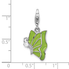 Amore La Vita Sterling Silver Rhodium-plated Polished CZ Green Enameled Butterfly Charm with Fancy Lobster Clasp