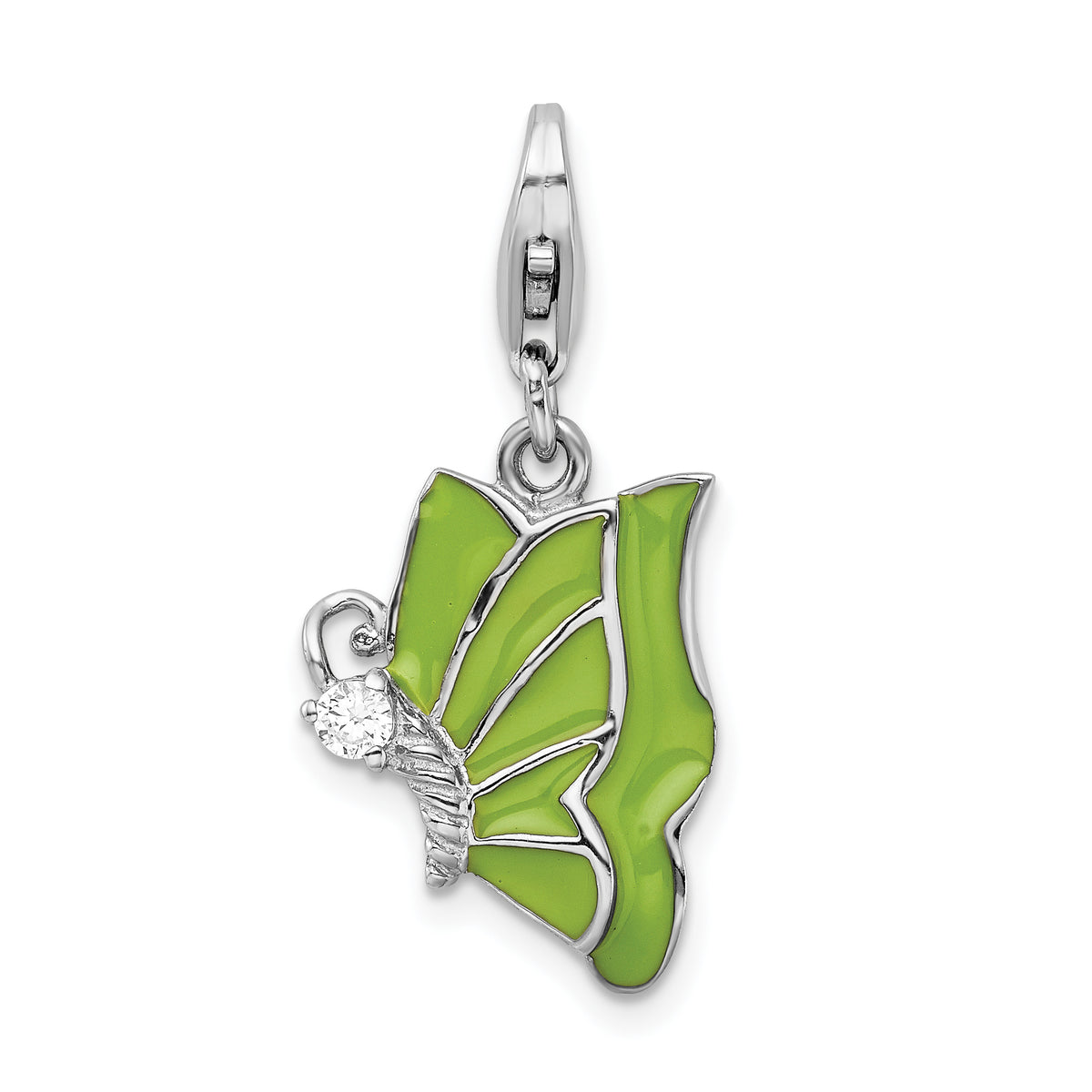 Amore La Vita Sterling Silver Rhodium-plated Polished CZ Green Enameled Butterfly Charm with Fancy Lobster Clasp