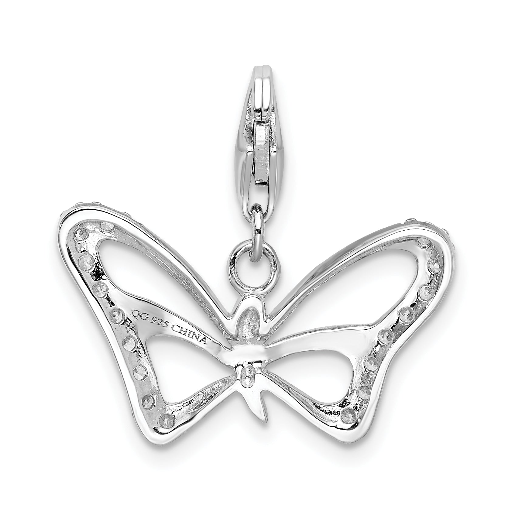 Amore La Vita Sterling Silver Rhodium-plated Polished CZ Polished Butterfly Charm with Fancy Lobster Clasp