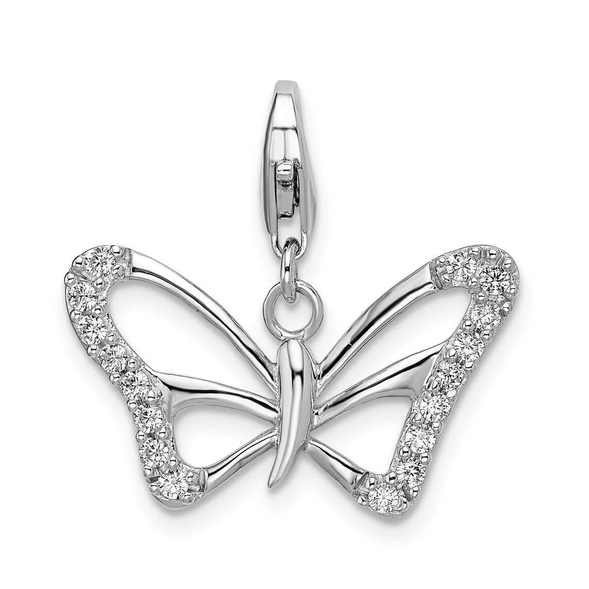 Amore La Vita Sterling Silver Rhodium-plated Polished CZ Polished Butterfly Charm with Fancy Lobster Clasp