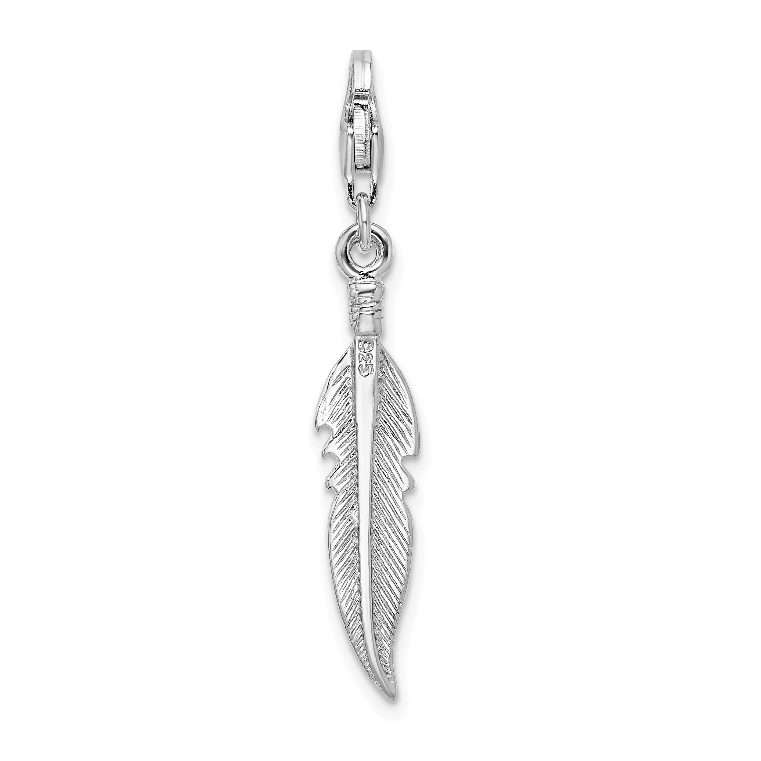 Amore La Vita Sterling Silver Rhodium-plated Polished 3-D Feather Charm with Fancy Lobster Clasp