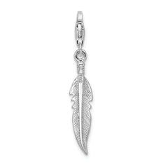 Amore La Vita Sterling Silver Rhodium-plated Polished 3-D Feather Charm with Fancy Lobster Clasp