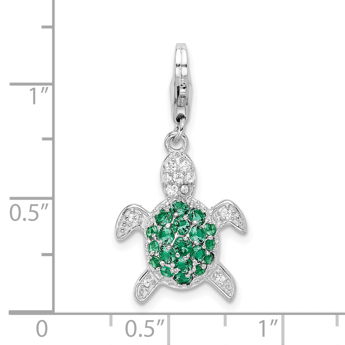 Amore La Vita Sterling Silver Rhodium-plated Polished Green and Clear CZ Turtle Charm with Fancy Lobster Clasp