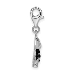 Amore La Vita Sterling Silver Rhodium-plated Polished Enameled Swarovski Crystal Black Cat Charm with Fancy Lobster Clasp