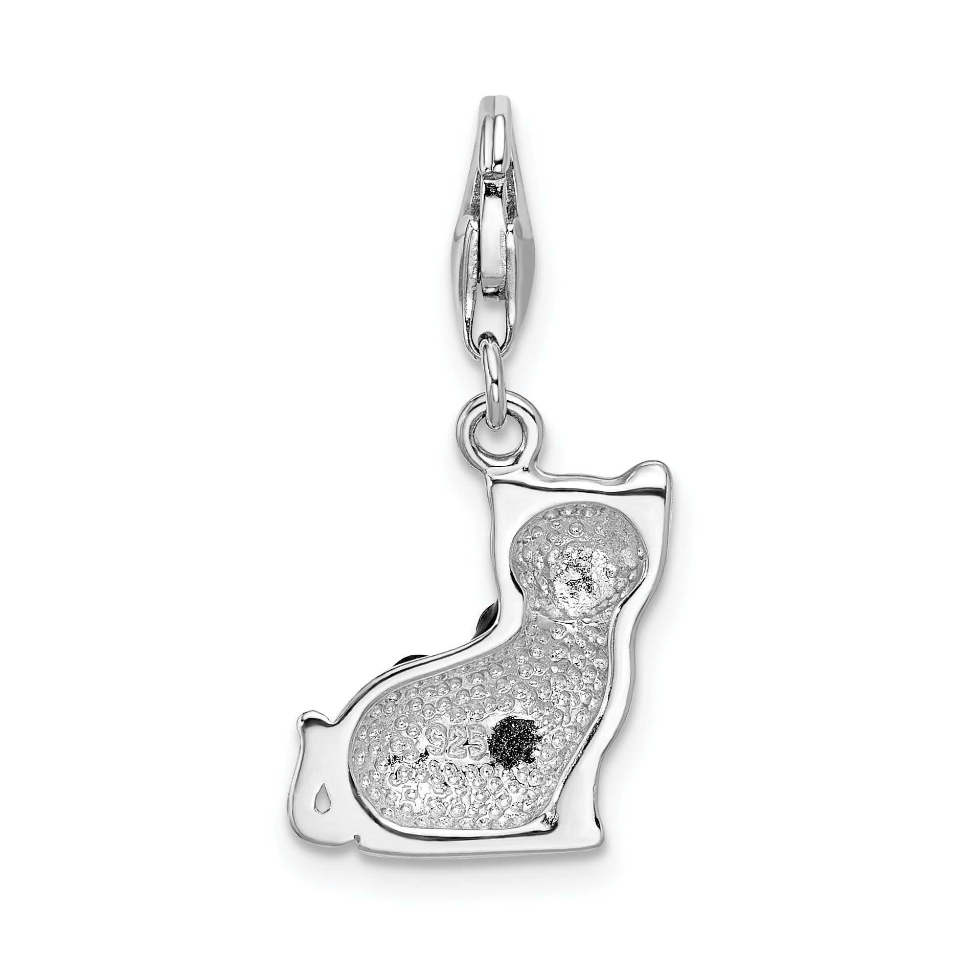 Amore La Vita Sterling Silver Rhodium-plated Polished Enameled Swarovski Crystal Black Cat Charm with Fancy Lobster Clasp