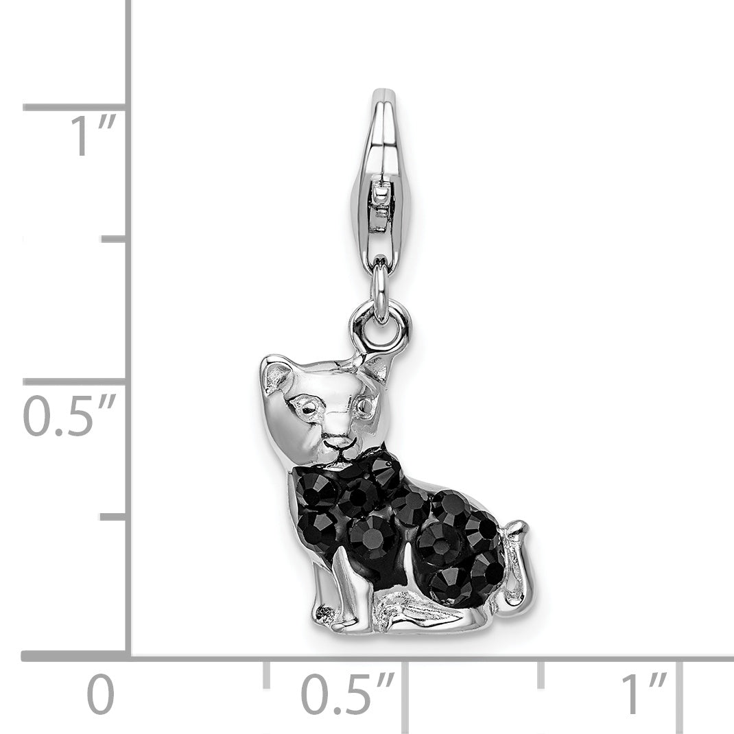 Amore La Vita Sterling Silver Rhodium-plated Polished Enameled Swarovski Crystal Black Cat Charm with Fancy Lobster Clasp