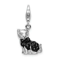 Amore La Vita Sterling Silver Rhodium-plated Polished Enameled Swarovski Crystal Black Cat Charm with Fancy Lobster Clasp