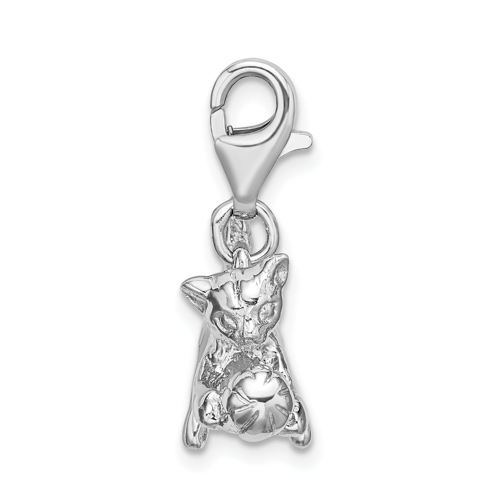 Amore La Vita Sterling Silver Rhodium-plated Polished 3-D Polished Kitten and Ball Charm with Fancy Lobster Clasp