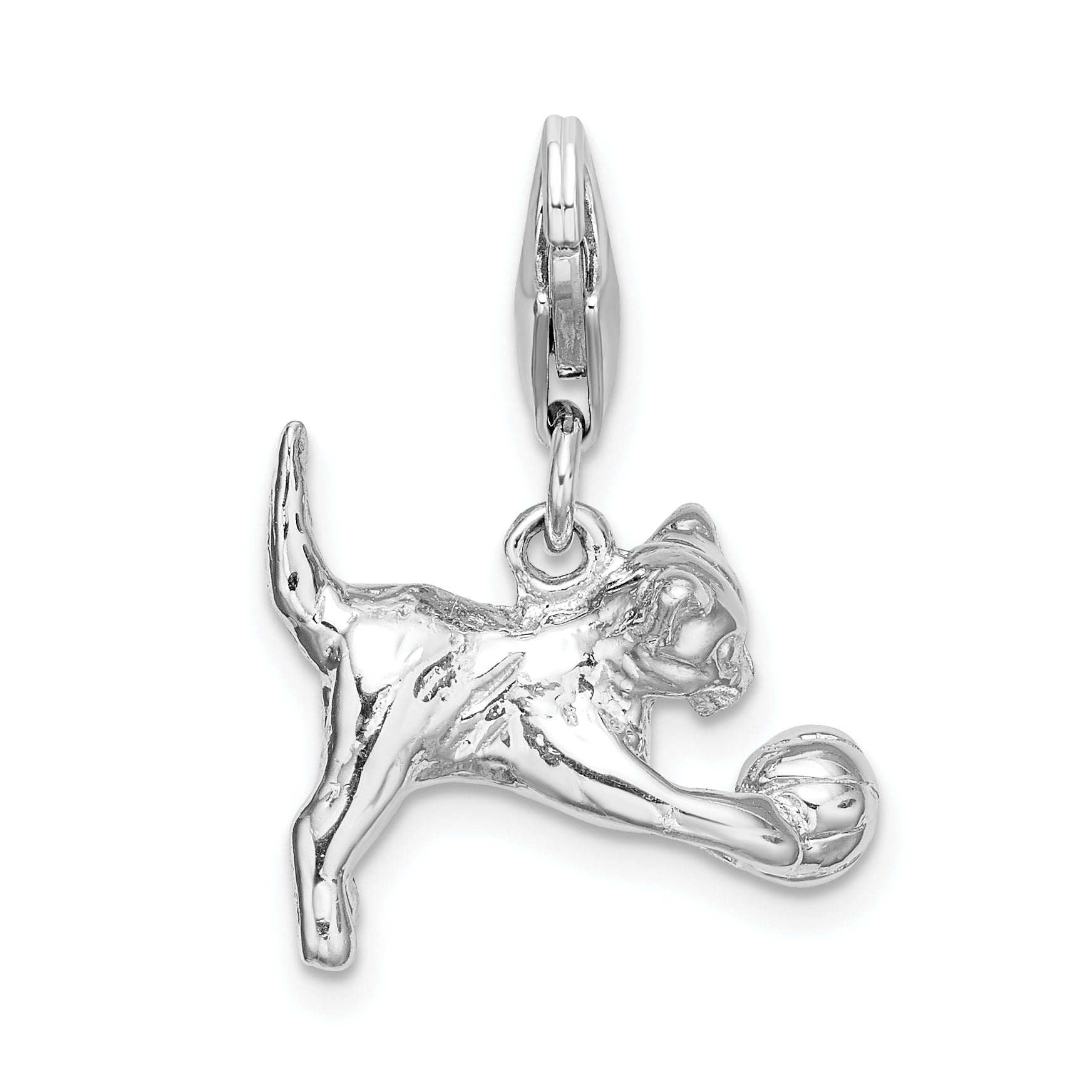 Amore La Vita Sterling Silver Rhodium-plated Polished 3-D Polished Kitten and Ball Charm with Fancy Lobster Clasp