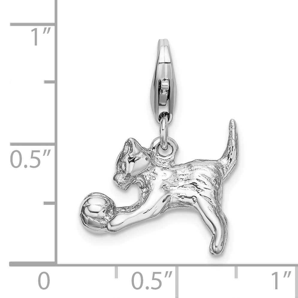 Amore La Vita Sterling Silver Rhodium-plated Polished 3-D Polished Kitten and Ball Charm with Fancy Lobster Clasp