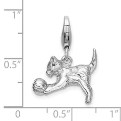 Amore La Vita Sterling Silver Rhodium-plated Polished 3-D Polished Kitten and Ball Charm with Fancy Lobster Clasp