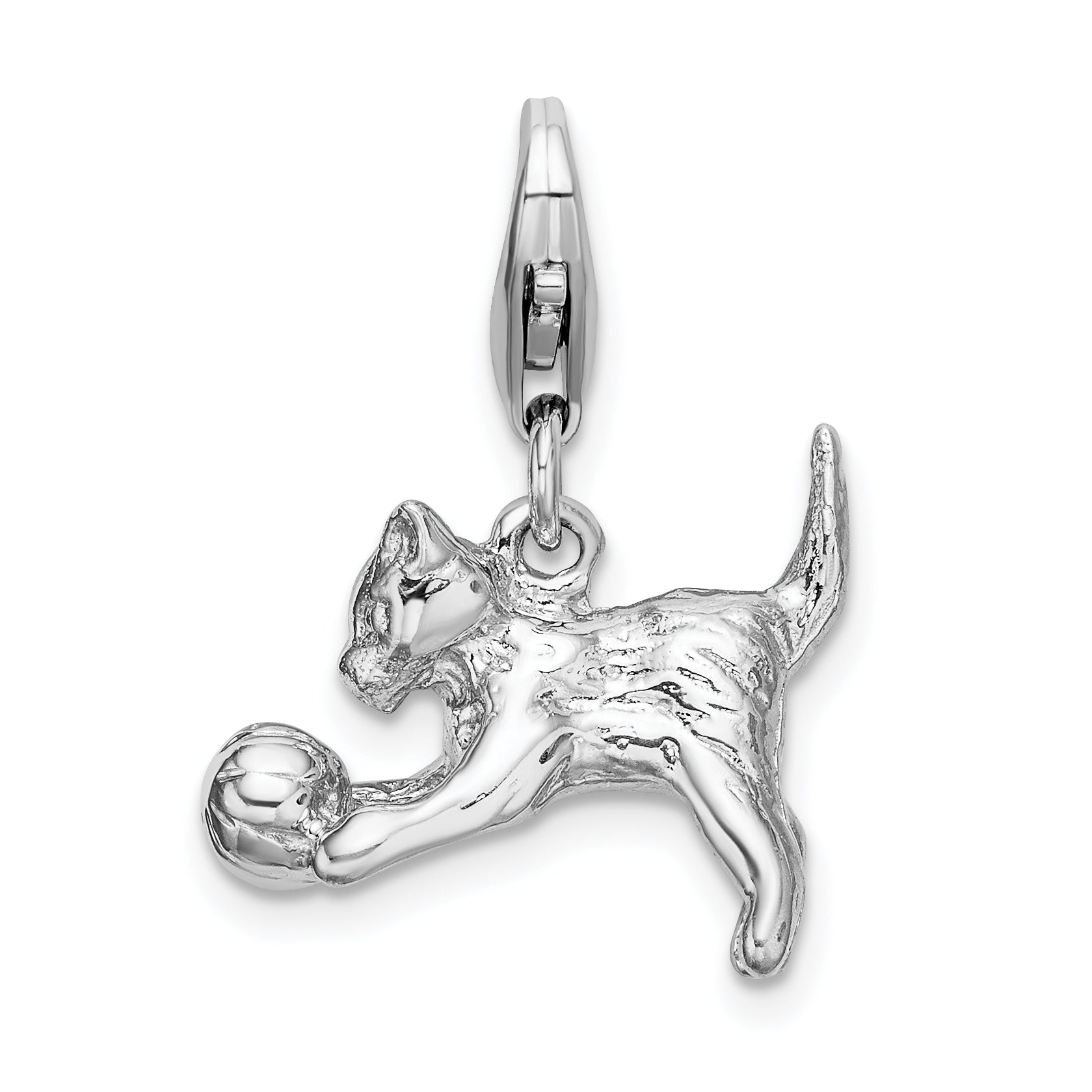 Amore La Vita Sterling Silver Rhodium-plated Polished 3-D Polished Kitten and Ball Charm with Fancy Lobster Clasp