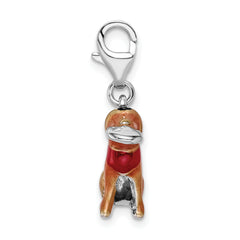 Amore La Vita Sterling Silver Rhodium-plated Polished 3-D Enameled Light Brown Dog and Frisbee Charm with Fancy Lobster Clasp