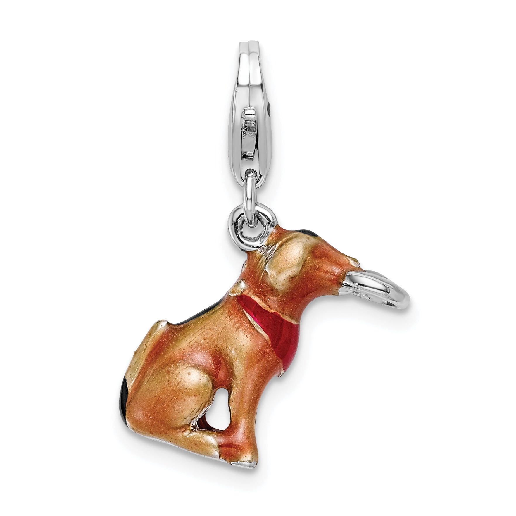 Amore La Vita Sterling Silver Rhodium-plated Polished 3-D Enameled Light Brown Dog and Frisbee Charm with Fancy Lobster Clasp