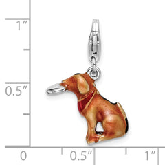 Amore La Vita Sterling Silver Rhodium-plated Polished 3-D Enameled Light Brown Dog and Frisbee Charm with Fancy Lobster Clasp