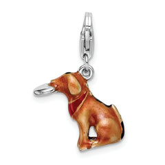 Amore La Vita Sterling Silver Rhodium-plated Polished 3-D Enameled Light Brown Dog and Frisbee Charm with Fancy Lobster Clasp