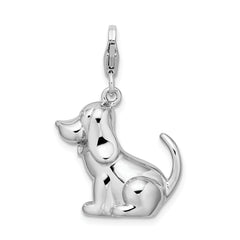 Amore La Vita Sterling Silver Rhodium-plated Polished 3-D Enameled Dog Charm with Fancy Lobster Clasp