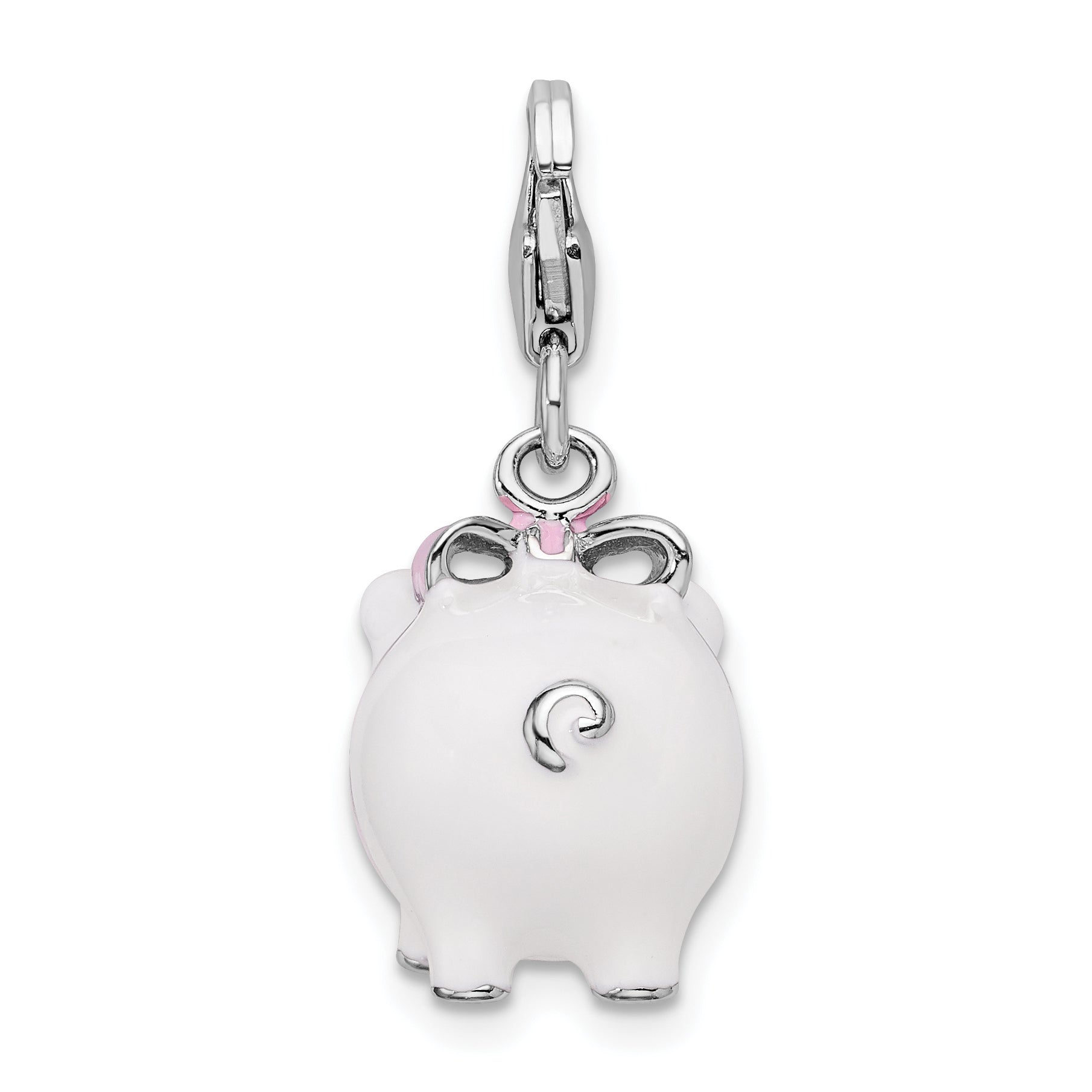 Amore La Vita Sterling Silver Rhodium-plated Polished 3-D Enameled Pig Charm with Fancy Lobster Clasp