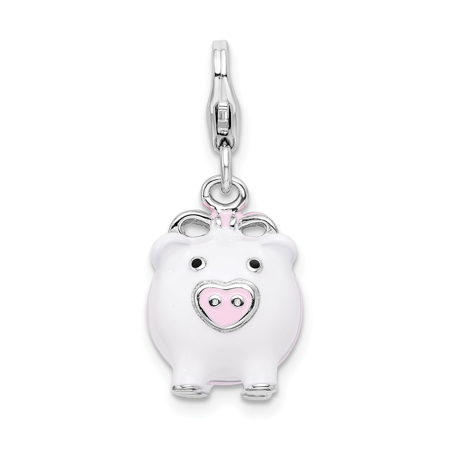 Amore La Vita Sterling Silver Rhodium-plated Polished 3-D Enameled Pig Charm with Fancy Lobster Clasp