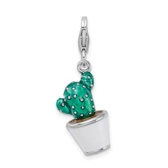 Amore La Vita Sterling Silver Rhodium-plated Polished 3-D Enameled Potted Green Cactus Charm with Fancy Lobster Clasp