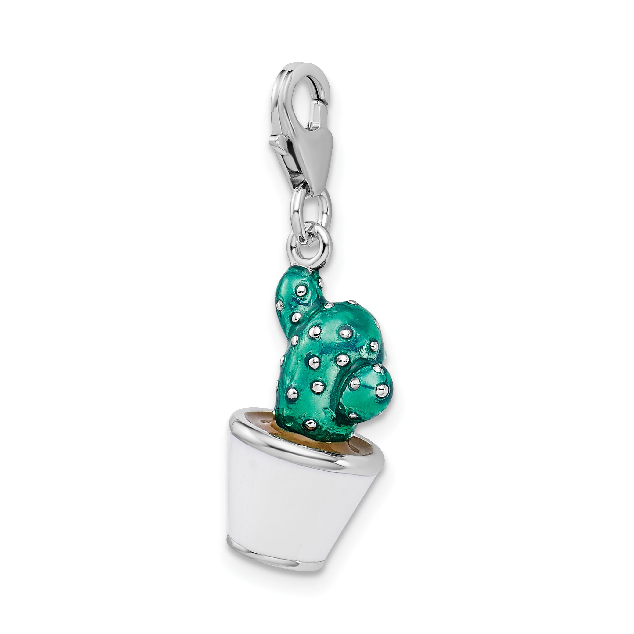 Amore La Vita Sterling Silver Rhodium-plated Polished 3-D Enameled Potted Green Cactus Charm with Fancy Lobster Clasp