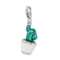 Amore La Vita Sterling Silver Rhodium-plated Polished 3-D Enameled Potted Green Cactus Charm with Fancy Lobster Clasp