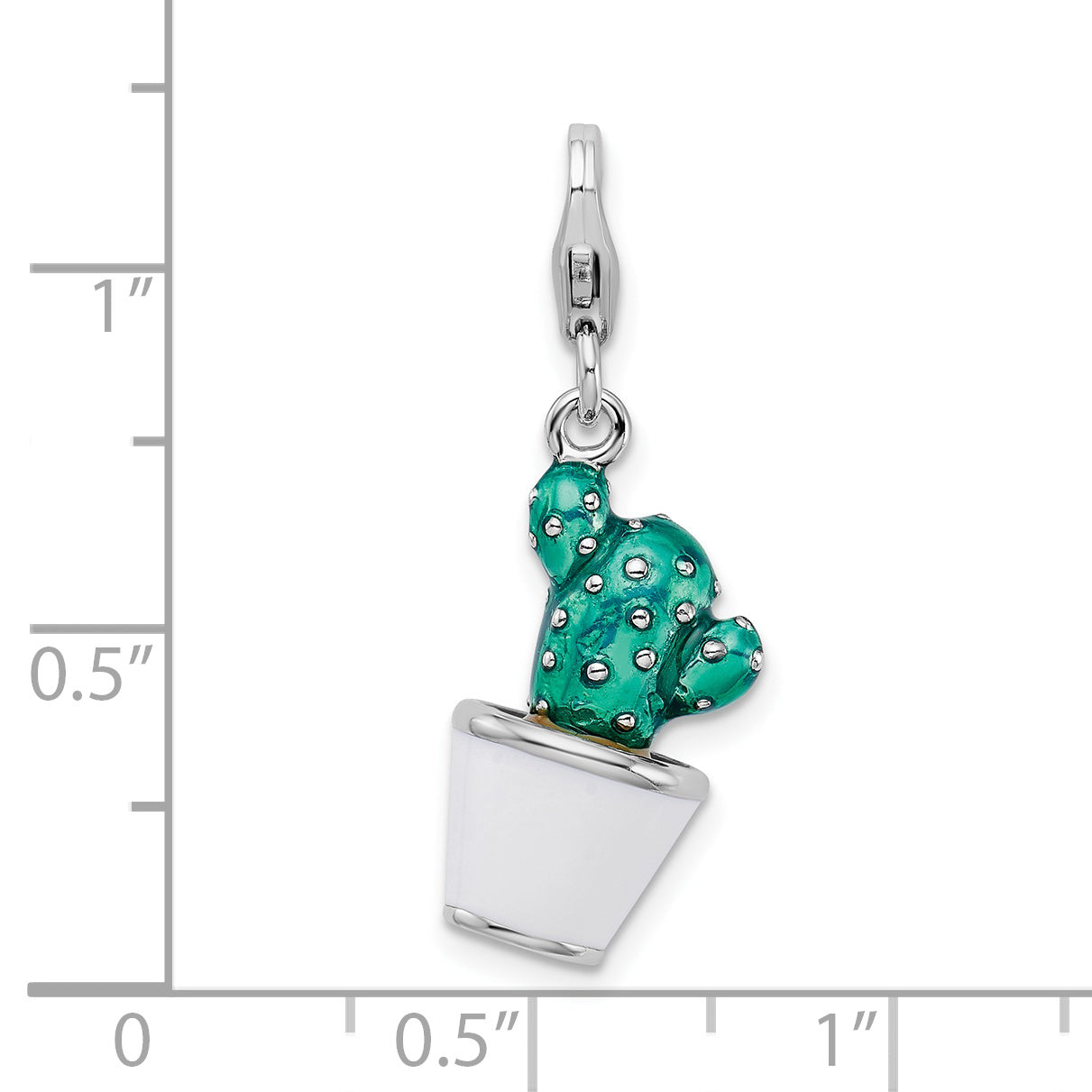 Amore La Vita Sterling Silver Rhodium-plated Polished 3-D Enameled Potted Green Cactus Charm with Fancy Lobster Clasp