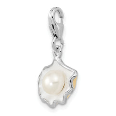 Amore La Vita Sterling Silver Rhodium-plated Polished 3-D Enameled Shell with a Freshwater Cultured Pearl Charm with Fancy Lobster Clasp