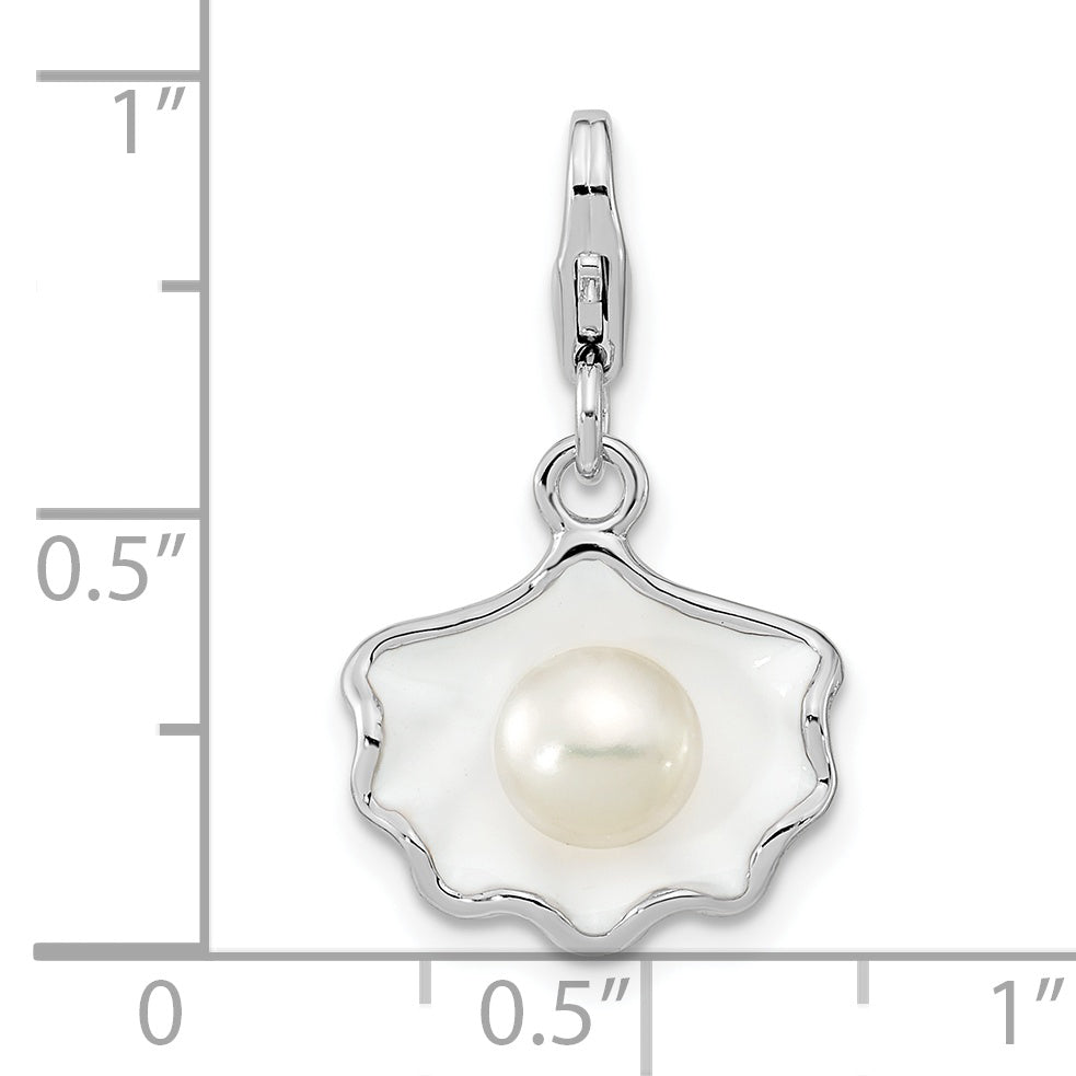 Amore La Vita Sterling Silver Rhodium-plated Polished 3-D Enameled Shell with a Freshwater Cultured Pearl Charm with Fancy Lobster Clasp