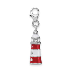 Amore La Vita Sterling Silver Rhodium-plated Polished 3-D Red Enameled Swarovski Crystal Lighthouse Charm with Fancy Lobster Clasp