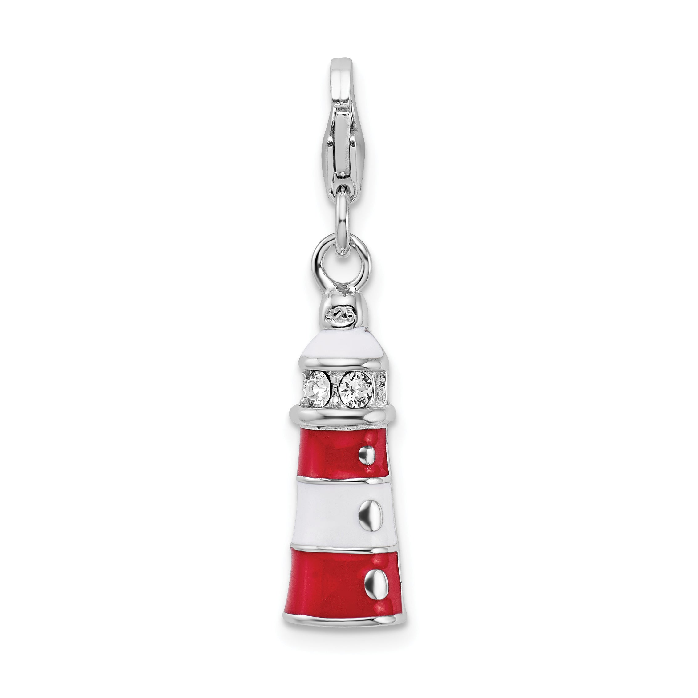 Amore La Vita Sterling Silver Rhodium-plated Polished 3-D Red Enameled Swarovski Crystal Lighthouse Charm with Fancy Lobster Clasp