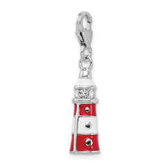 Amore La Vita Sterling Silver Rhodium-plated Polished 3-D Red Enameled Swarovski Crystal Lighthouse Charm with Fancy Lobster Clasp