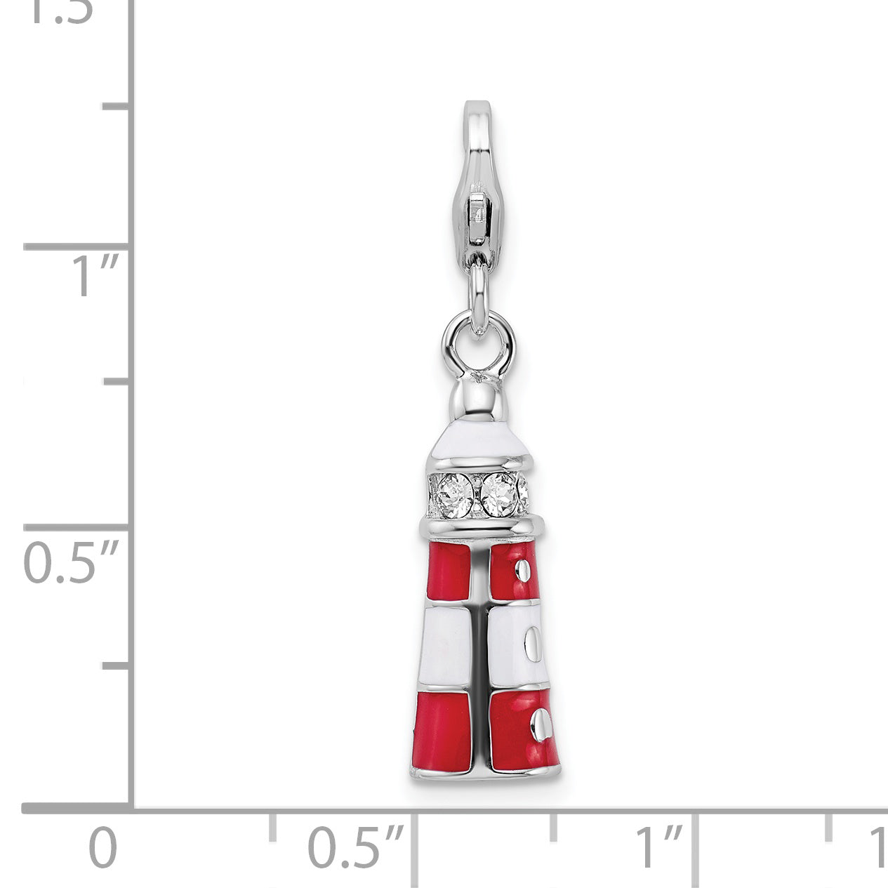 Amore La Vita Sterling Silver Rhodium-plated Polished 3-D Red Enameled Swarovski Crystal Lighthouse Charm with Fancy Lobster Clasp