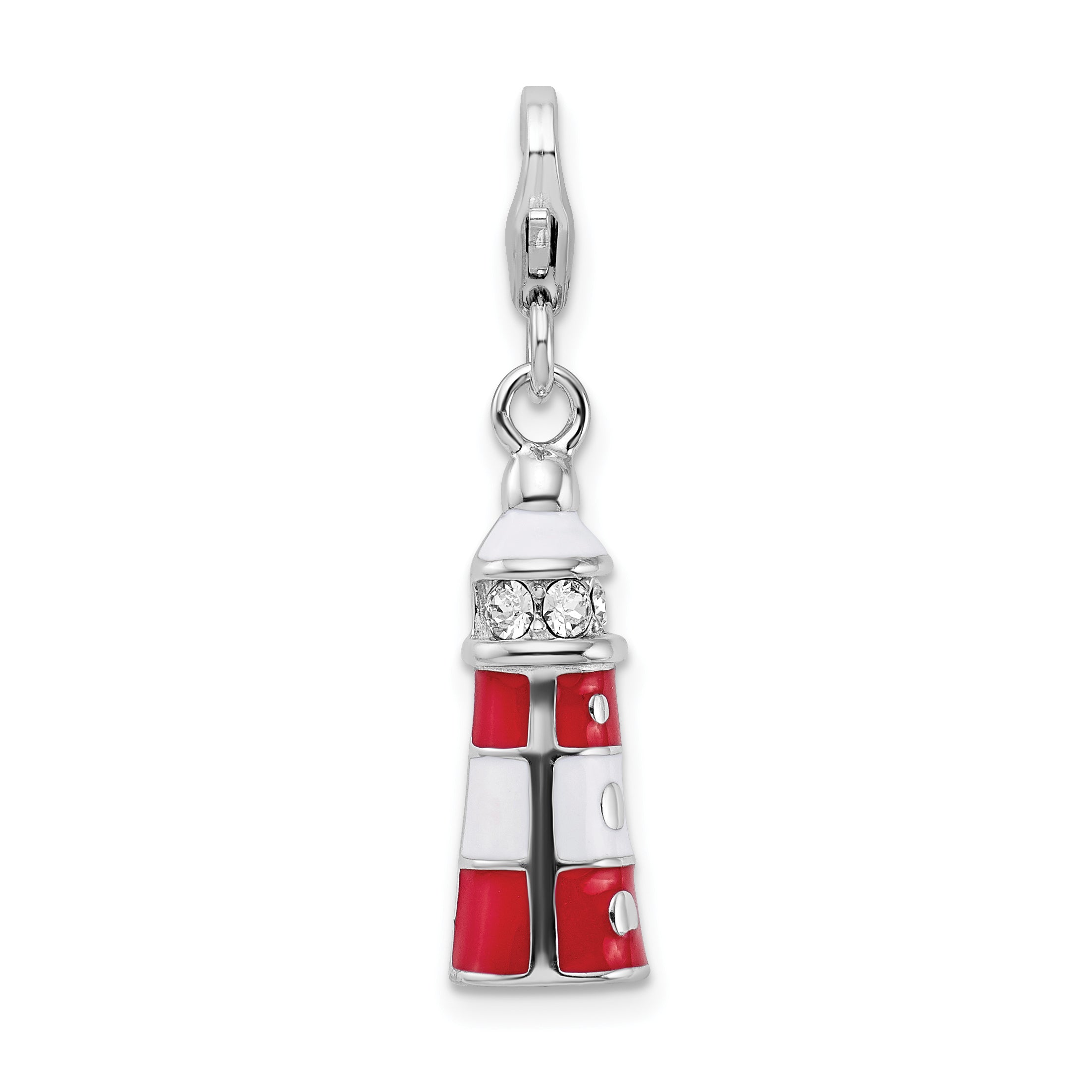 Amore La Vita Sterling Silver Rhodium-plated Polished 3-D Red Enameled Swarovski Crystal Lighthouse Charm with Fancy Lobster Clasp