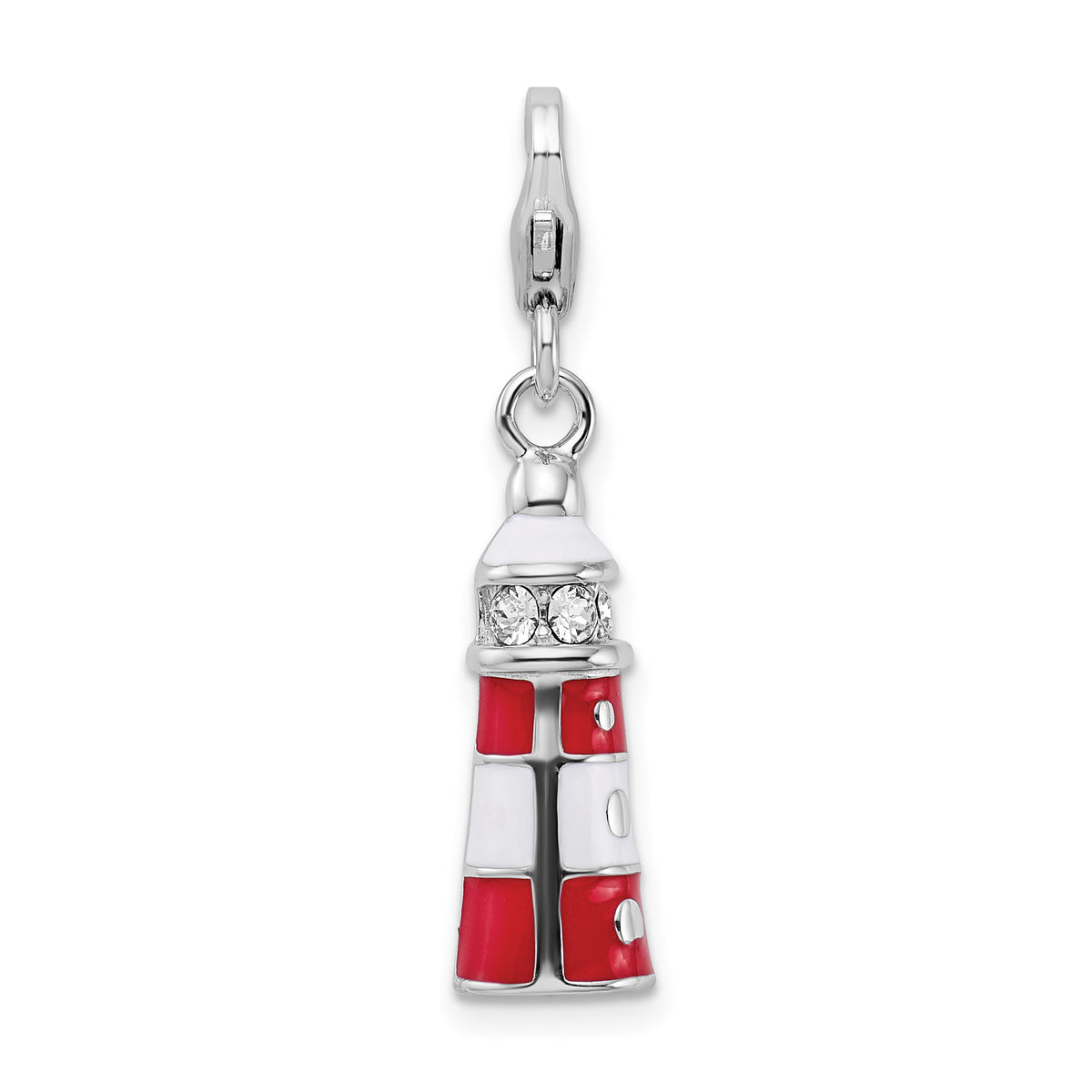 Amore La Vita Sterling Silver Rhodium-plated Polished 3-D Red Enameled Swarovski Crystal Lighthouse Charm with Fancy Lobster Clasp