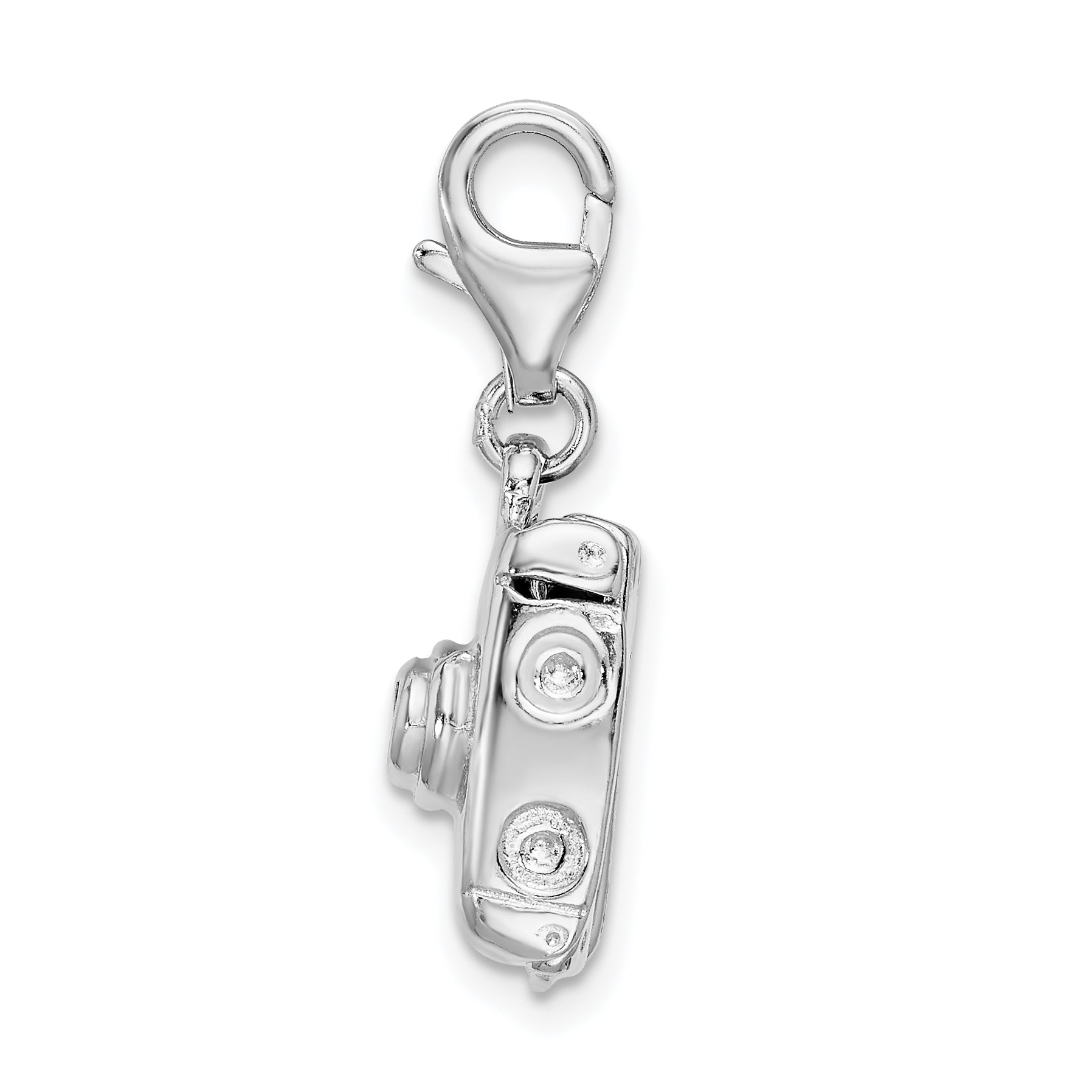 Amore La Vita Sterling Silver Rhodium-plated Polished 3-D Movable Camera Charm with Fancy Lobster Clasp