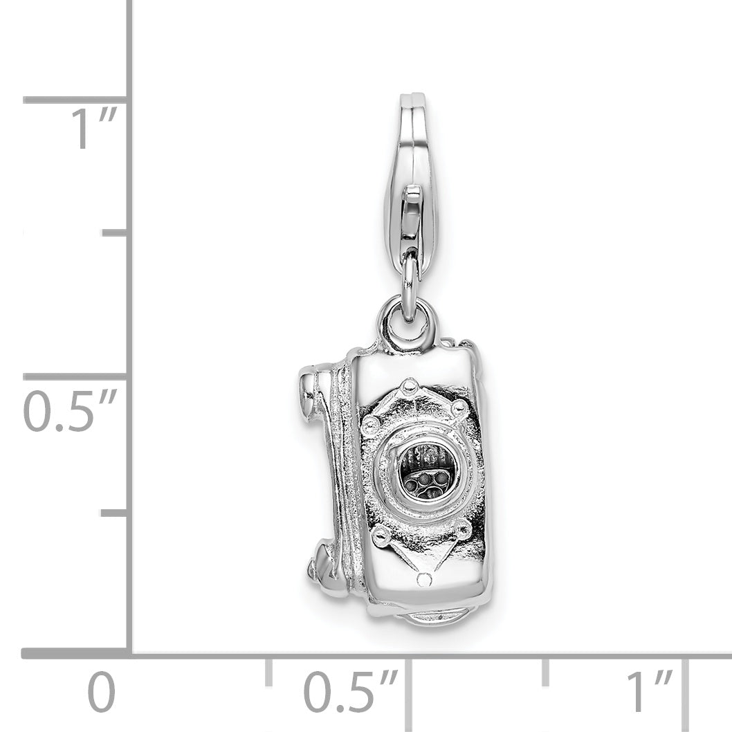 Amore La Vita Sterling Silver Rhodium-plated Polished 3-D Movable Camera Charm with Fancy Lobster Clasp