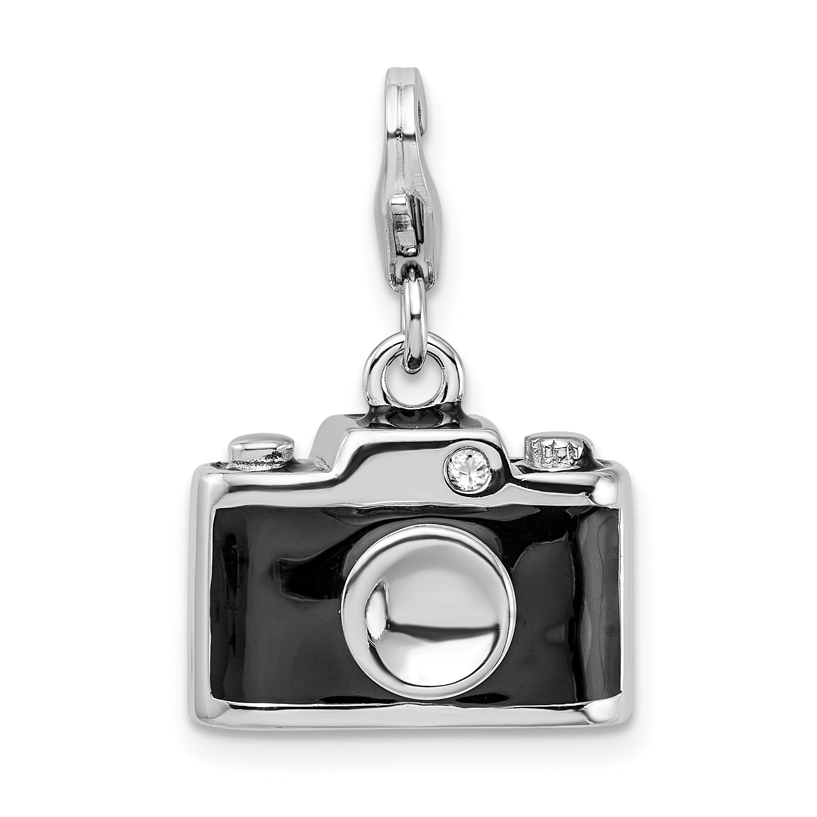 Amore La Vita Sterling Silver Rhodium-plated Polished 3-D Enameled Crystal From Swarovski Camera Charm with Fancy Lobster Clasp