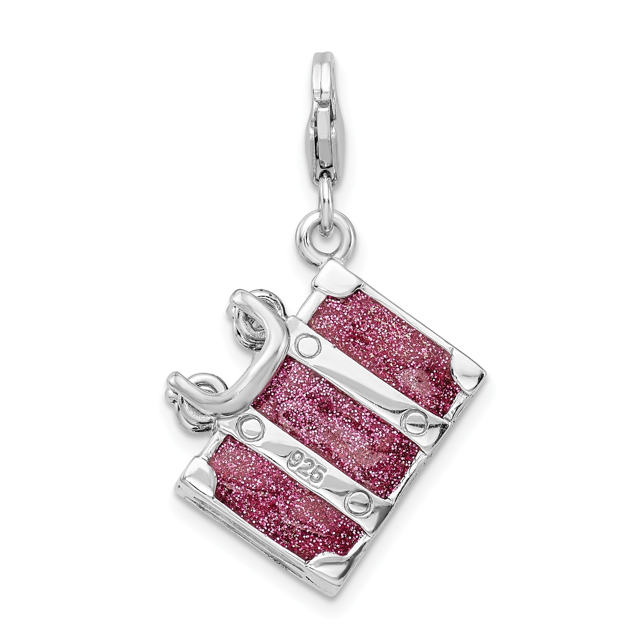 Amore La Vita Sterling Silver Rhodium-plated Polished 3-D Glitter Enameled Moveable Luggage Charm with Fancy Lobster Clasp