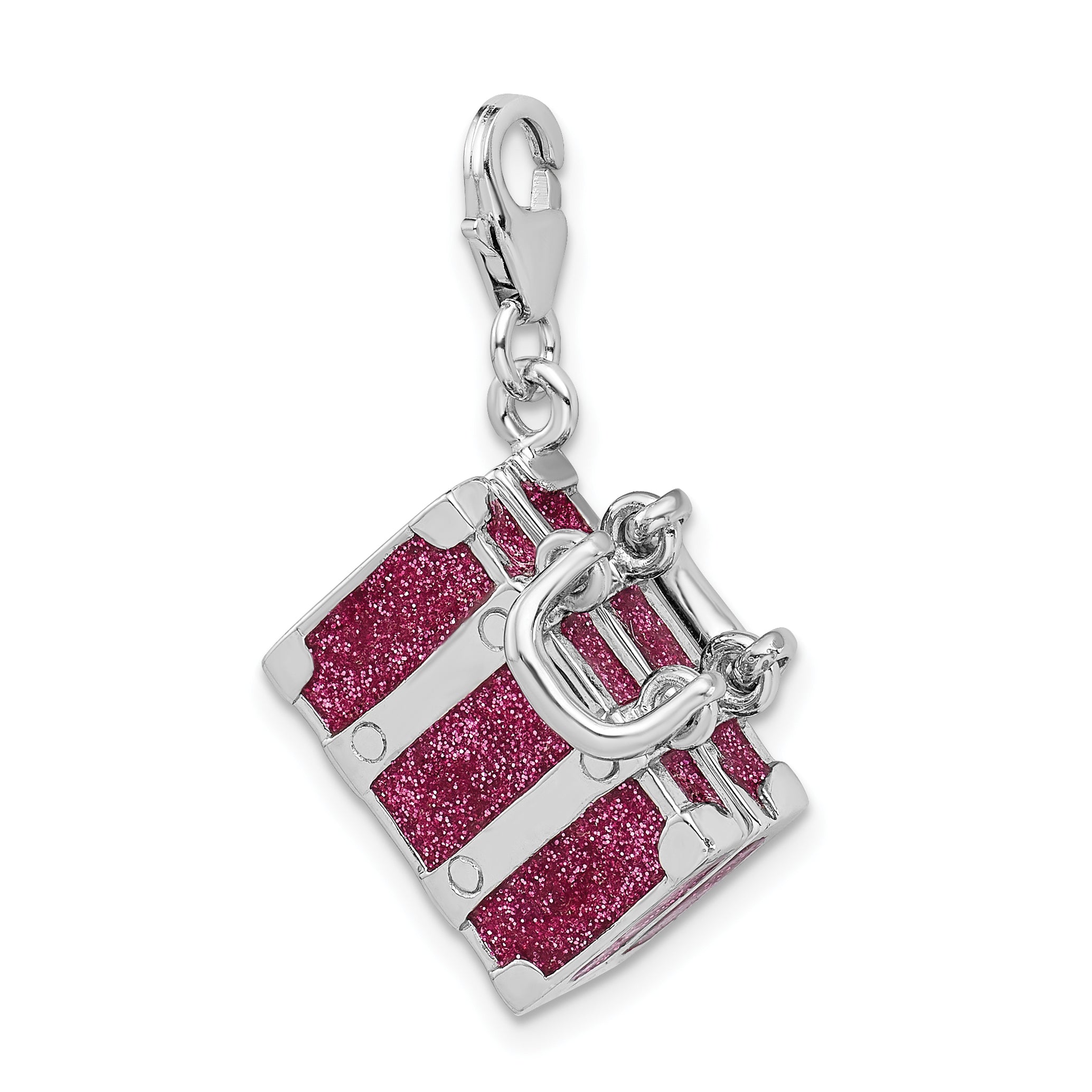 Amore La Vita Sterling Silver Rhodium-plated Polished 3-D Glitter Enameled Moveable Luggage Charm with Fancy Lobster Clasp