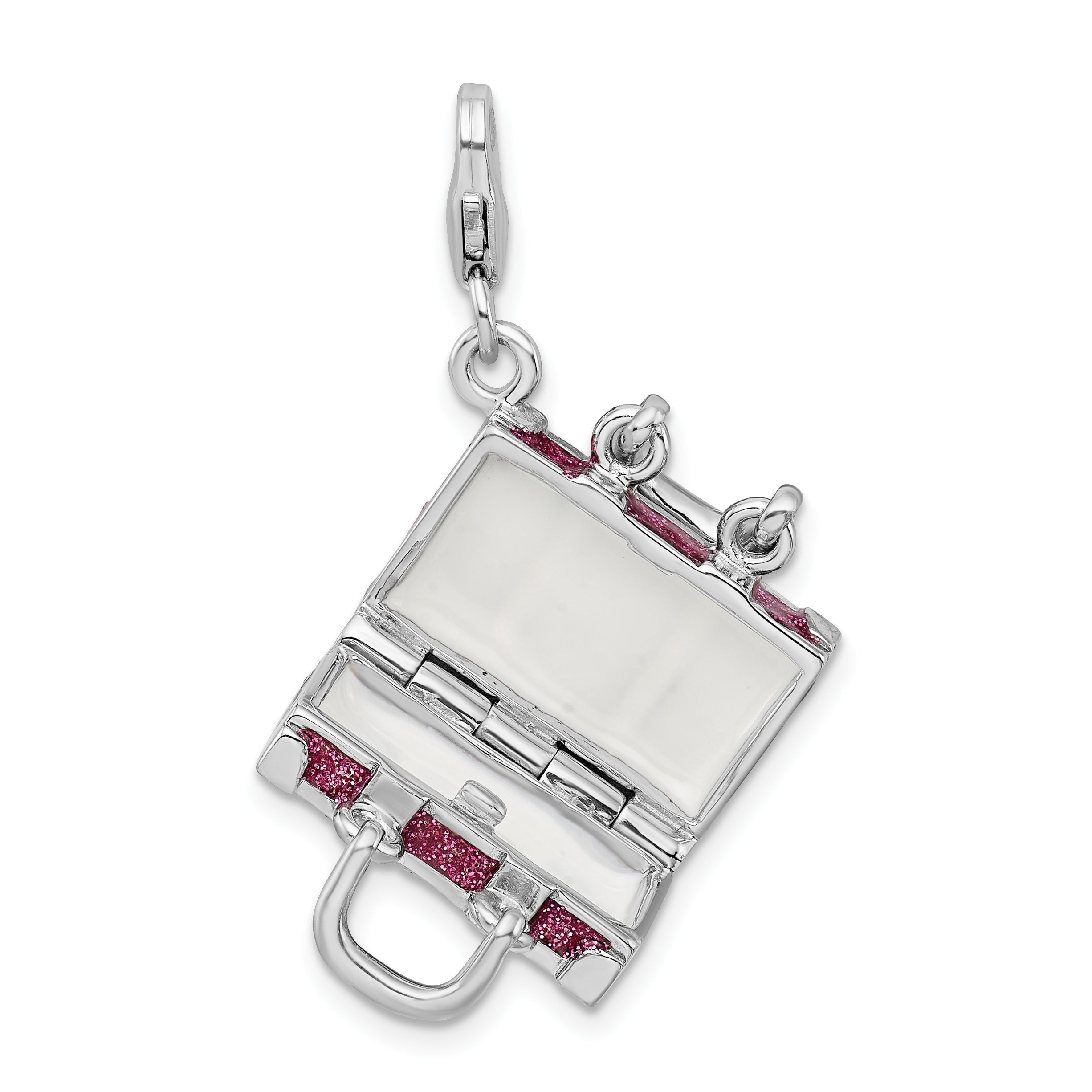 Amore La Vita Sterling Silver Rhodium-plated Polished 3-D Glitter Enameled Moveable Luggage Charm with Fancy Lobster Clasp