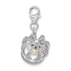 Amore La Vita Sterling Silver Rhodium-plated Polished 3-D Crystal From Swarovski and Freshwater Cultured Pearl Crown Charm with Fancy Lobster Clasp