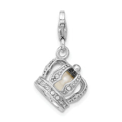 Amore La Vita Sterling Silver Rhodium-plated Polished 3-D Crystal From Swarovski and Freshwater Cultured Pearl Crown Charm with Fancy Lobster Clasp