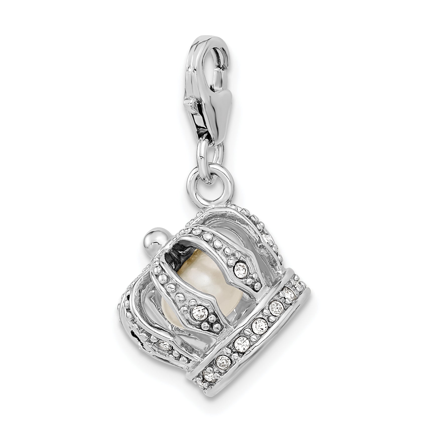 Amore La Vita Sterling Silver Rhodium-plated Polished 3-D Crystal From Swarovski and Freshwater Cultured Pearl Crown Charm with Fancy Lobster Clasp