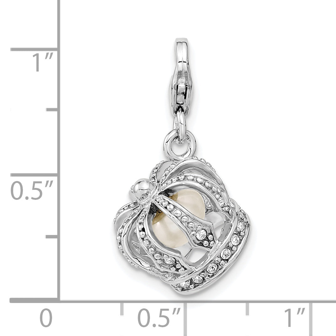 Amore La Vita Sterling Silver Rhodium-plated Polished 3-D Crystal From Swarovski and Freshwater Cultured Pearl Crown Charm with Fancy Lobster Clasp